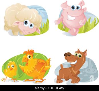 Animaux de la ferme vectoriels avec un autocollant de dessin animé. Illustration de Vecteur