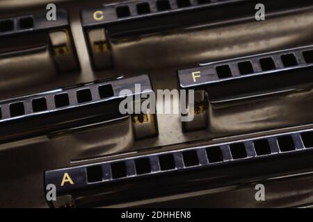 Nouvel ensemble de petites harmonicas, dans toutes les tonalités. Banque D'Images