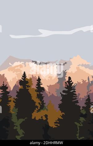 Abstrait contemporain esthétique fond avec paysage, montagnes. Décoration murale boho. Illustration de Vecteur