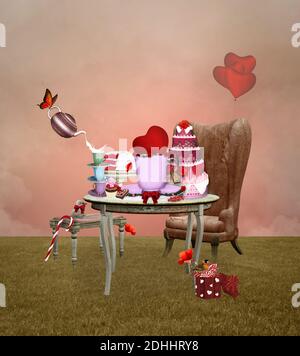 Banquet de la Saint-Valentin avec velours rouge, tasses de café et un grand coeur rouge sur une table Banque D'Images