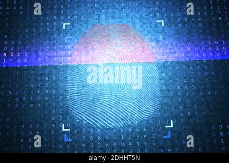 Concept d'identification et de sécurité. Numérisation de l'empreinte numérique. Illustration de rendu 3D. Banque D'Images