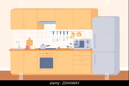 Intérieur de la cuisine. Mobilier pour cuisinière, four, placard, évier et réfrigérateur. Cuisine moderne avec appareils et ustensiles, salle Vector Illustration de Vecteur