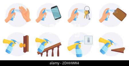 Choses à désinfecter. Nettoyez et aseptisez les clés, le portefeuille, le téléphone intelligent et le bouton de la porte des zones à l'aide d'un vaporisateur d'alcool. Astuces pour les vecteurs de protection contre les virus Corona Illustration de Vecteur