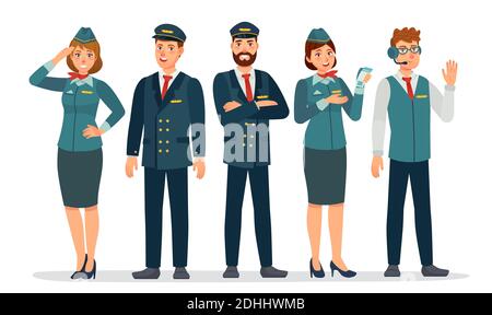 Personnel de l'avion. Équipage d'avions en uniformes, pilotes, hôtesses et agent de bord. Groupe d'employés de l'aéroport. Concept de vecteur personnel de compagnie aérienne Illustration de Vecteur