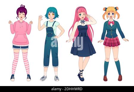 Filles Anime. Belle manga japonaise filles en uniforme, lolita style robe, salopette et sweat à capuche. Ensemble de vecteurs de poses femelles kawaii heureux Illustration de Vecteur