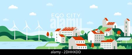 Ville écologique. Paysage urbain de la future ville utiliser des sources d'énergie alternatives panneaux solaires et moulins à vent. Enregistrer le concept de vecteur écologique Illustration de Vecteur