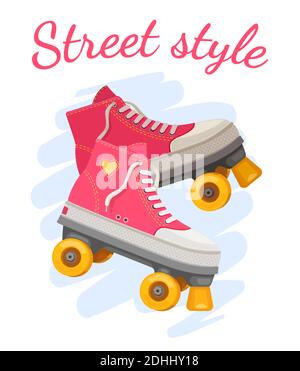 Imprimé Roller Girl. Les rouleaux roses tendance patinent dans un style de rue avec coeur et texte. Mode rétro été pour filles. Motif vectoriel de t-shirt positif Illustration de Vecteur