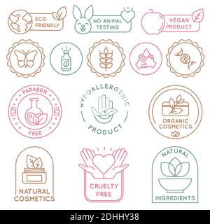 Badges de cosmétiques biologiques. Bio produits de beauté pour la peau, emballage écologie du phoque, végétalien, ingrédient naturel. Ensemble de vecteurs d'étiquettes et d'icônes d'aliments écologiques Illustration de Vecteur