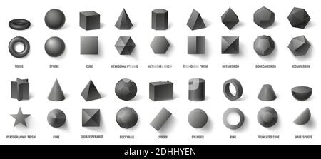 Formes géométriques 3d de base en noir réalistes dans la vue de dessus et de face isolée sur blanc. Objets tridimensionnels Illustration de Vecteur