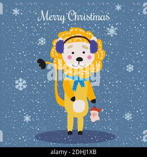 Joyeux Noël mignon Lion avec foulard, couvre-oreilles moelleux et jouet, carte. Bannière d'affiche isolée à vecteur d'illustration de caractères dessinés à la main Illustration de Vecteur