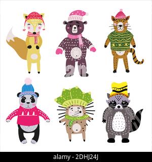 Noël animaux ensemble mignon renard, ours, chat, panda, hérisson, raton laveur. Vecteur d'illustration des caractères de collection dessinés à la main isolé Illustration de Vecteur