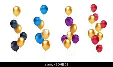 Ensemble de bouquets festifs de ballons dorés, bleus, rouges, noirs et violets isolés sur fond blanc. Illustration vectorielle Illustration de Vecteur