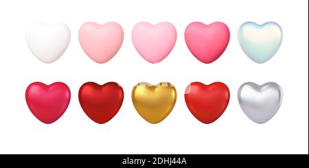 Grande Saint Valentin ensemble de couleurs différentes réaliste or, rouge, rose, argenté, coeurs blancs isolés sur fond blanc. Motif bonne Saint Valentin Illustration de Vecteur