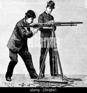 Pistolet automatique Hotchkiss. Illustration ancienne. 1899. Banque D'Images