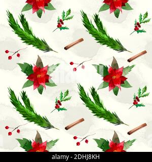 Motif sans couture aquarelle symbole de Noël : poinsettia, branche de pin, cannelle, baies. Banque D'Images
