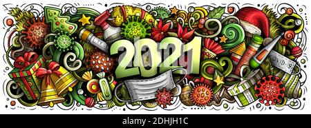 2021 dessin animé de jolis gribouillis nouvel an et illustration du coronavirus. Illustration de Vecteur