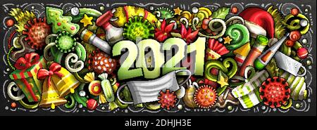 2021 dessin animé de jolis gribouillis nouvel an et illustration du coronavirus. Illustration de Vecteur