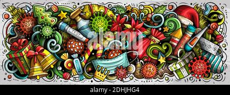 Dessin animé joli gribouillis nouvel an et illustration du coronavirus. Illustration de Vecteur