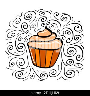 Cupcake dessiné à la main avec décoration. Illustration vectorielle. Illustration de Vecteur