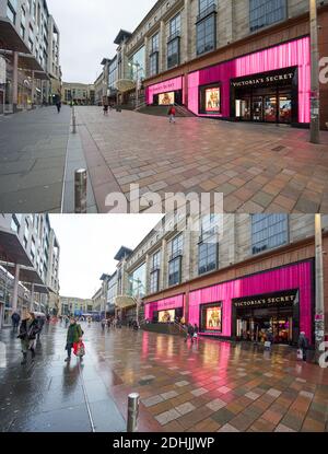 Glasgow, Écosse, Royaume-Uni. 11 décembre 2020. Photo : l'extrémité supérieure de Buchanan Street; (à gauche) image prise le 10 décembre. (À droite) photo prise aujourd'hui, 11 décembre. Images composites prises à 24 heures d'intervalle, montrant la ville de Glasgow 'Style Mile', qui est Buchanan Street, montrant les scènes calmes quand il était en phase 4 verrouillage le 10 décembre 2020. Aujourd'hui 11 décembre Glasgow est dans la phase 3 confinement où tous les magasins non essentiels sont ouverts, donnant aux acheteurs la chance de profiter d'une offre de dernière minute pour Noël. Crédit : Colin Fisher/Alay Live News Banque D'Images