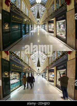 Glasgow, Écosse, Royaume-Uni. 11 décembre 2020. Photo : The Jeweler's Arcade ; (à gauche) image prise le 10 décembre. (À droite) photo prise aujourd'hui, 11 décembre. Images composites prises à 24 heures d'intervalle, montrant la ville de Glasgow 'Style Mile', qui est Buchanan Street, montrant les scènes calmes quand il était en phase 4 verrouillage le 10 décembre 2020. Aujourd'hui 11 décembre Glasgow est dans la phase 3 confinement où tous les magasins non essentiels sont ouverts, donnant aux acheteurs la chance de profiter d'une offre de dernière minute pour Noël. Crédit : Colin Fisher/Alay Live News Banque D'Images