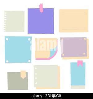 Pièces de taille différente note colorée, portable, cahier de feuilles de papier collées avec du ruban gommé sur fond gris Illustration de Vecteur