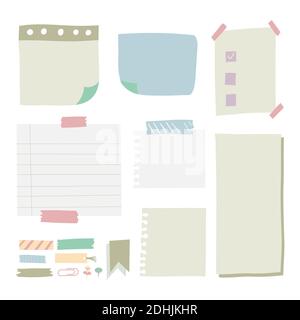 Pièces de taille différente note colorée, portable, cahier de feuilles de papier collées avec du ruban gommé sur fond gris Illustration de Vecteur