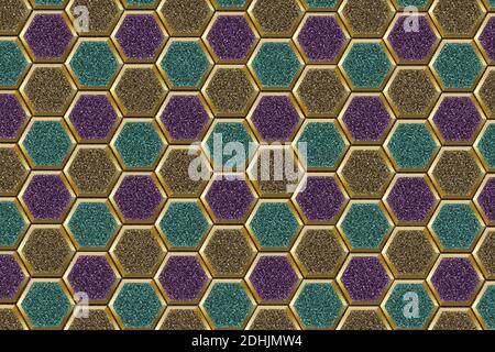 illustration 3d de Noël en arrière-plan d'hexagones remplis de paillettes dorées, violettes et vertes Banque D'Images