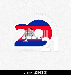 Bonne année 2021 pour le Cambodge sur fond de flocon de neige. Saluez le Cambodge avec la nouvelle année 2021. Illustration de Vecteur