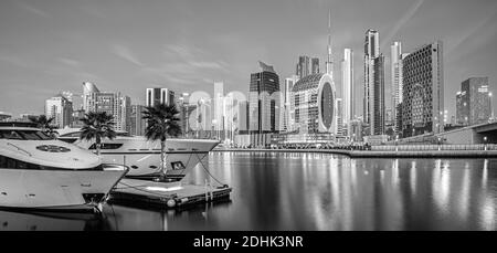 Les chameaux sur la plage de Jumeirah et de gratte-ciel dans le contexte à Dubaï, la ville de Dubaï, Emirats Arabes Unis Banque D'Images