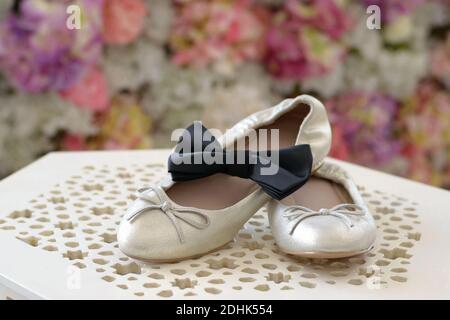 Les chaussures de mariage de la mariée et le noeud papillon de la mariée se tiennent sur une table de nuit magnifique, sur un fond de fleurs. Accessoires de mariage Banque D'Images