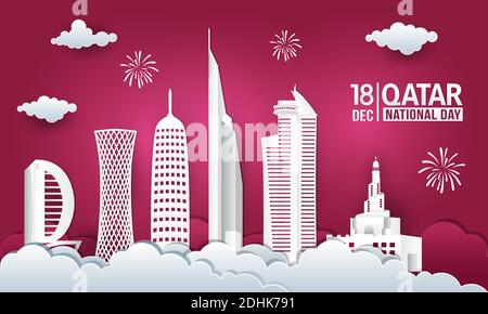 Illustration vectorielle de la fête nationale du Qatar du 18 décembre avec horizon urbain, drapeau du qatar et feux d'artifice en style paper-cut Illustration de Vecteur