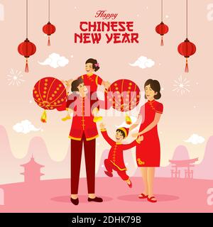 Carte de vœux du nouvel an chinois. Illustration vectorielle une famille chinoise jouant des lanternes chinoises célébrant le nouvel an chinois Illustration de Vecteur