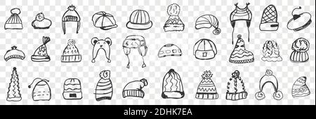 Ensemble de doodle Headdress. Collection de casquettes chaudes dessinées à la main et de chapeaux à porter en hiver ou en automne, isolés sur fond transparent. Illustration de motifs pour les tenues de robe-tête pour enfants Illustration de Vecteur