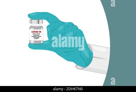 Le médecin tient la bouteille de vaccin du coronavirus à la main dans un gant bleu. Illustration vectorielle de style plat sur fond blanc Illustration de Vecteur