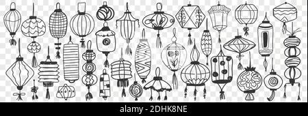Lanternes chinoises. Collection de lanternes asiatiques traditionnelles dessinées à la main pour la décoration et les fêtes isolées sur fond transparent. Illustration de symboles asiatiques décoratifs Illustration de Vecteur