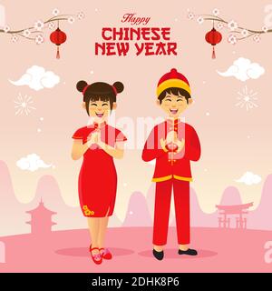 Carte de vœux du nouvel an chinois. enfants chinois vêtus de costumes nationaux saluant le festival du nouvel an chinois Illustration de Vecteur