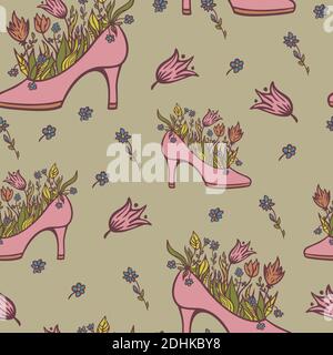 Motif vectoriel sans coutures de talons hauts avec fleurs en fleurs. Femme chaussure avec fleurs. Modèle pour carte, affiche, bannière, imprimé pour t-shirt. Illustration de Vecteur