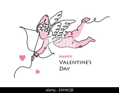 Cupid, carte d'art vectoriel amur pour la Saint Valentin. Un dessin linéaire continu de petit ange archer avec flèche et arc Illustration de Vecteur