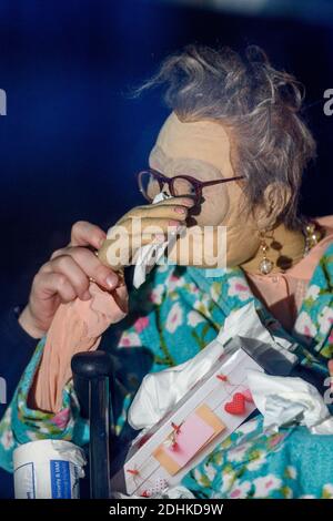 11 décembre 2020, Saxe-Anhalt, Magdebourg : une marionnette peut être vue par une fenêtre du théâtre de marionnettes de Magdeburg. La scène montre une vieille femme dans un fauteuil roulant pleurant tout en regardant des photos de choses qui ne sont pas possibles dans la corona pandémie. La poupée essuie les larmes de son visage. Jusqu'au 22 décembre 2020, l'ensemble du Théâtre de marionnettes Magdeburg présentera à son public une image animée différente chaque jour, sauf le lundi comme un message d'accueil de l'Avent, qui sera répété en boucle pendant deux heures. La fenêtre reflète les bâtiments résidentiels de la ville. Photo: Klaus-Dietmar Gabbert/d Banque D'Images