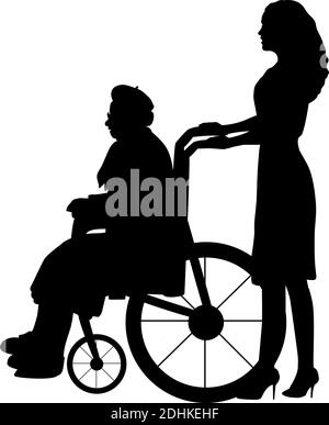 Silhouettes de femme marchant sa grand-mère en fauteuil roulant. Icône de symbole d'illustration Illustration de Vecteur