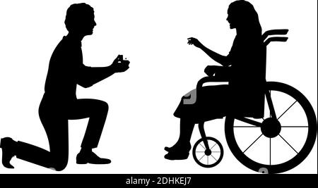 Silhouettes d'homme debout sur son genou faisant une offre de devenir la femme en fauteuil roulant. Icône de symbole d'illustration Illustration de Vecteur