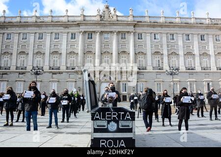 Madrid, Espagne. 11 décembre 2020. Un étui d'instrument de musique représentant un cercueil pendant la démonstration.en respectant les règlements sanitaires actuels, le secteur culturel s'est mobilisé sous le slogan 'Red Alert. Nous réalisons des événements au Palais Royal en exigeant une plus grande « visibilité » et un ensemble de mesures pour faire face aux restrictions sur le divertissement et les conséquences que cela implique. En outre, ils ont exigé d'être « conscients comme le secteur le plus touché pendant la pandémie ». Crédit : SOPA Images Limited/Alamy Live News Banque D'Images