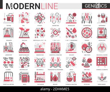 Biochimie génétique modification technique, ADN humain, reproduction et clonage, recherche complexe de laboratoire rouge noir ligne plate icônes définir illustration vectorielle Illustration de Vecteur