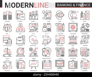 Jeu d'illustrations vectorielles d'icônes rouges de la ligne noire du complexe financier et bancaire. Création de sites Web de contour financier des symboles de logiciel de banque numérique, d'assurance juridique et de collecte d'affaires de cyber sécurité. Illustration de Vecteur