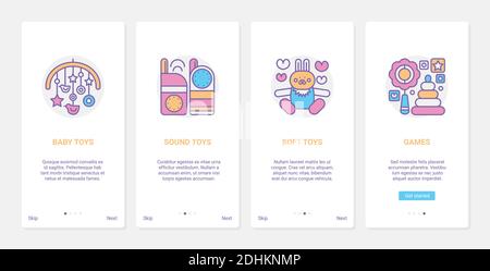 Jouets pour enfants pour jouer à l'illustration vectorielle. UX, UI Onboarding mobile application page écran set avec ligne pille cheval, blocs d'alphabet pour l'apprentissage des enfants, jouets sonores de bébé, jouets mous, jeux Illustration de Vecteur