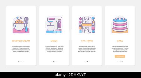 Outils de boulangerie chef pour la cuisson de la nourriture sucre desserts illustration vectorielle. UX, UI Onboarding mobile application page Screen Set avec ligne de crème fouettée et fouet de cuisine, batteur boulanger, pain de pâte à biscuits Illustration de Vecteur