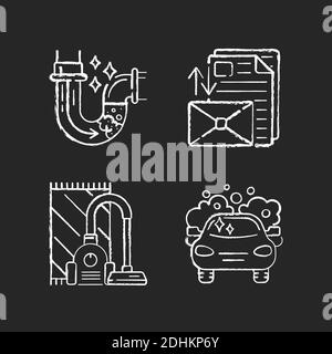 Les services de nettoyage sont des icônes blanches sur fond noir Illustration de Vecteur