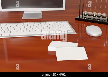 Cartes de visite vierges sur un bureau en bois à côté d'un ordinateur et de fournitures de bureau. illustration 3d. Banque D'Images