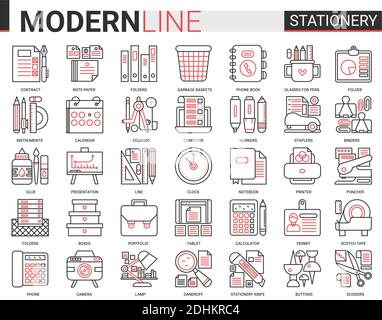 Jeu d'icônes vectorielles de la ligne noire rouge du complexe papeterie. Linéaire école et bureau fournitures collection de symboles avec stylo crayon ciseaux dossier colle calculatrice calendrier carnet dossier. Illustration de Vecteur
